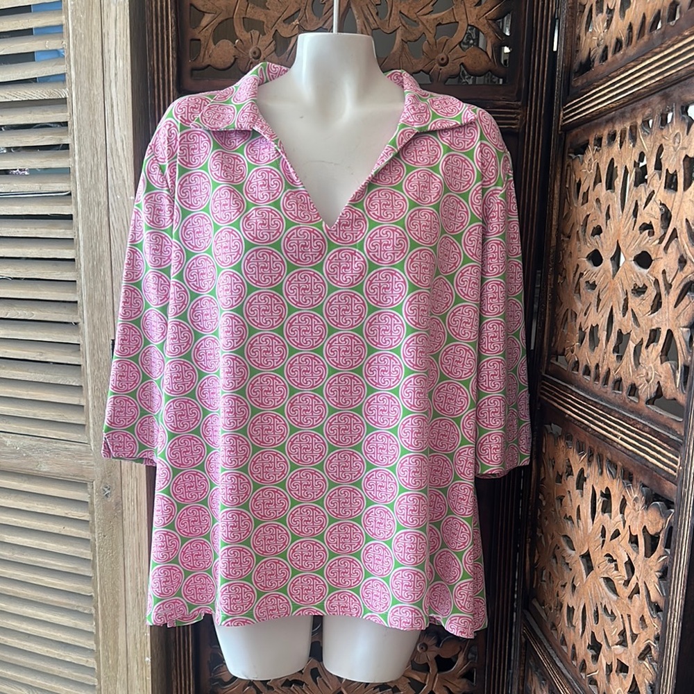 Katherine Way Pink & Green Palm Beach Pull On 3/4 Sleeved Top / Shirt / Blouse.